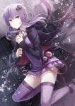  1girl angel31424 dress hair_ornament hand_on_own_chest hooded_jacket looking_at_viewer low_twintails purple_dress purple_hair purple_legwear shoes short_dress solo twintails violet_eyes vocaloid yuzuki_yukari 