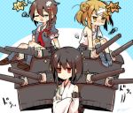  &gt;:&lt; 3girls bandages bare_shoulders black_hair braid cannon closed_eyes crossed_arms detached_sleeves double_bun hair_flaps hair_ornament hair_ribbon japanese_clothes kantai_collection kneehighs light_brown_eyes light_brown_hair long_hair machinery michishio_(kantai_collection) momoiro multiple_girls nontraditional_miko open_mouth pleated_skirt red_eyes ribbon school_uniform serafuku shigure_(kantai_collection) shoes short_hair single_braid skirt smoke sparkle tears torn_clothes torn_kneehighs translated yamashiro_(kantai_collection) 
