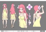  1girl bangs breasts character_sheet cleavage dress flower hair_flower hair_ornament high_heels long_hair me!me!me! official_art parted_bangs pink_hair red_eyes sandals smile solo spaghetti_strap sundress 