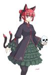  1girl animal_ears blush cat_ears cat_tail double_bun dress embellished_costume extra_ears frilled_dress frilled_sleeves frills gomi_(gomitin) kaenbyou_rin looking_at_viewer multiple_tails pantyhose pointy_ears red_eyes redhead skull solo tabard tail touhou two_tails 