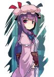  1girl blush book bow hair_bow hashiro hat hat_ribbon highres holding holding_book long_hair long_sleeves patchouli_knowledge purple_hair ribbon touhou violet_eyes 