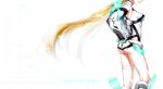  1girl angela_balzac ass bare_shoulders black_gloves breasts elbow_gloves expelled_from_paradise gloves hair_ornament highleg highleg_leotard highres leotard long_hair ponytail rail_(silverbow) solo thigh_strap very_long_hair 