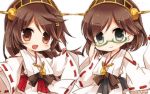  2girls :d adjusting_glasses bare_shoulders black_eyes brown_eyes brown_hair chibi detached_sleeves glasses hair_ornament hairclip haruna_(kantai_collection) headgear japanese_clothes kantai_collection kirishima_(kantai_collection) long_hair momoiro multiple_girls nontraditional_miko open_mouth pleated_skirt short_hair skirt smile 
