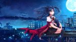  1girl adapted_costume black_hair blue_eyes fate/stay_night fate_(series) full_moon highres jewelry l.bou moon necklace night night_sky puffy_sleeves sky solo thigh-highs tohsaka_rin toosaka_rin two_side_up 