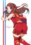  1girl ass bayern_muenchen blush bracelet brown_eyes brown_hair from_behind hairband idolmaster inoue_sora jewelry minase_iori open_mouth pantylines red_legwear shorts small_breasts soccer_uniform solo sportswear thigh-highs 