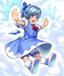  1girl blue_eyes blue_hair blush boots bow cirno dress fang h_kasei hair_bow ice open_mouth outstretched_arms short_hair sketch smile solo spread_arms touhou wings 