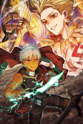  2boys archer_(fate) battle battle_damage blonde_hair coat dark-skinned_male dark_skin ea_(fate) fate/grand_order fate_(series) field_of_blades fighting_stance gate_of_babylon_(fate) gilgamesh_(fate) highres kanshou_&amp;_bakuya_(fate) magic magic_circuit male_focus multiple_boys natori_re planted planted_sword red_coat sword too_many_weapons torn_clothes unlimited_blade_works_(reality_marble) weapon white_hair 