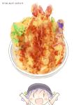  1girl =d bowl food hair_ribbon hat hinata_yuu kantai_collection ooshio_(kantai_collection) open_mouth purple_hair ribbon shrimp shrimp_tempura simple_background sketch smile solo tempura white_background |_| 