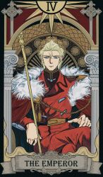  1boy aiguillette blue_eyes bright_pupils cape card_(medium) char's_counterattack char_aznable closed_mouth commentary_request crossed_legs fur-trimmed_cape fur_trim gundam highres jacket laurel_crown looking_at_viewer male_focus mikazuki121410 military_jacket military_uniform pillar red_cape red_jacket sitting sitting_on_throne solo staff straight-on tarot tarot_(medium) white_pupils 