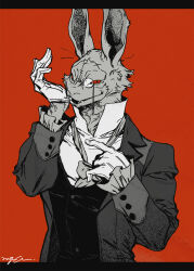  1boy animal_ears colored_sclera devil_may_cry_(netflix) devil_may_cry_(series) english_commentary furry furry_male gloves highres looking_at_viewer male_focus monocle nagabe necktie popped_collar rabbit_boy rabbit_ears red_background red_sclera removing_glove signature smile undone_necktie white_gloves white_rabbit_(devil_may_cry) 