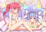  2girls alternate_costume bed bikini blue_hair chitori i-168_(kantai_collection) i-19_(kantai_collection) kantai_collection long_hair lying multiple_girls on_stomach pillow ponytail red_eyes redhead swimsuit twintails 