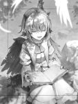  1girl bird_wings capelet closed_eyes eho_(icbm) head_wings juliet_sleeves long_sleeves monochrome puffy_sleeves reading shirt sitting skirt smile solo tokiko_(touhou) touhou 