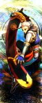  1girl absurdres armor bracer dark_skin facial_tattoo fingerless_gloves gloves greaves highres huge_weapon impa matcho pointy_ears red_eyes scabbard sheath sheathed shoulder_pads silver_hair solo sword tattoo the_legend_of_zelda weapon zelda_musou 