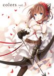 1girl blue_eyes bow_(weapon) breasts brown_hair cleavage cover cover_page dress gauntlets hair_ornament highres holding long_hair looking_at_viewer original petals solo weapon white_dress wind yon_(letter) 