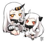  ahoge blackgeneride chibi claws detached_sleeves dress horn horns kantai_collection long_hair mittens northern_ocean_hime orange_eyes pale_skin red_eyes ribbed_sweater seaport_hime shinkaisei-kan simple_background sitting sweater white_background white_dress white_hair 