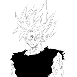  1boy 1rasutotoukou absurdres battle_damage dragon_ball dragon_ball_z greyscale highres male_focus monochrome muscular muscular_male serious shirt simple_background solo son_goku spiky_hair super_saiyan super_saiyan_1 torn_clothes torn_shirt upper_body white_background 