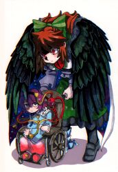  2girls black_hairband black_shoes black_socks black_wings blue_shirt blush bow brown_hair buttons cape collared_shirt commentary_request crossed_arms dot_nose feathered_wings frilled_shirt_collar frilled_skirt frills green_bow green_skirt hair_bow hair_ornament hairband heart heart_button heart_hair_ornament highres hunched_over inuyama_konan komeiji_satori loafers long_hair long_sleeves multiple_girls pink_skirt pink_slippers print_cape purple_hair red_eyes reiuji_utsuho shirt shoes simple_background sitting skirt slippers socks standing starry_sky_print third_eye touhou two-sided_cape two-sided_fabric violet_eyes wheelchair white_background white_cape white_shirt wings 