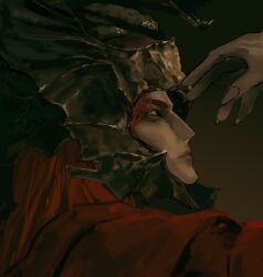  1boy arm_up ashen6621 cloak closed_mouth commentary elden_ring elden_ring:_shadow_of_the_erdtree english_commentary fingernails from_side helm helmet highres lips long_hair male_focus messmer_the_impaler portrait profile red_cloak red_hair sharp_fingernails solo winged_helmet yellow_eyes 