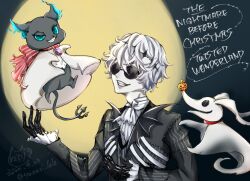  3boys black_crown crown diamond_hairband gloves grim_(twisted_wonderland) jacket long_sleeves looking_at_viewer male_focus missing_tooth moon multiple_boys peace_of_peach pinstripe_jacket pinstripe_pattern pinstripe_suit pinstripe_vest round_eyewear short_hair skeleton_print skully_j._graves smile striped_clothes striped_jacket striped_vest suit sunglasses the_nightmare_before_christmas twisted_wonderland vertical-striped_clothes vertical-striped_vest vest white_hair zero_(nbc) 