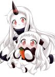  2girls blush carrot claws covered_mouth detached_sleeves dress holding horn horns kantai_collection mittens multiple_girls northern_ocean_hime red_eyes ribbed_sweater seaport_hime shinkaisei-kan simple_background sitting sweater white_background white_dress white_hair white_skin yamato_nadeshiko 