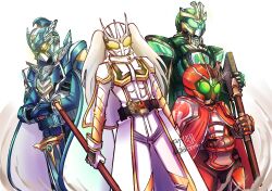  2boys 2girls armor bodysuit character_request cloak copyright_request frieren green_armor green_eyes green_helmet grey_hair group_picture helmet highres hood hooded_cloak kamen_rider kamen_rider_ex-aid_(series) kamen_rider_w lost_driver multiple_boys multiple_girls red_cloak saikekuu simple_background sousou_no_frieren tokusatsu twintails white_background white_bodysuit white_helmet yellow_eyes 