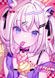  1girl animal_ear_fluff animal_ears bare_shoulders black_choker black_ribbon blue_eyes choker collarbone commentary_request food hair_ribbon highres holding holding_food holding_ice_cream ice_cream long_hair looking_at_viewer original parted_lips pink_background portrait purple_shirt ribbon shirt sleeveless sleeveless_shirt solo spoon squirrel_ears squirrel_girl strap_slip tatejima_uri two_side_up utensil_in_mouth white_hair 