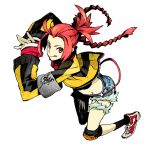  1girl 7th_dragon_2020 :q armband braid destroyer_(7th_dragon_2020) hands_together jacket knee_pads long_hair looking_at_viewer midriff miwa_shirou red_eyes redhead shoes short_shorts shorts sneakers solo tongue tongue_out twin_braids white_background 