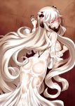  1girl ass backless black_nails breasts damu_ningen dress from_behind horns kantai_collection large_breasts long_hair looking_back midway_hime pale_skin red_eyes see-through shinkaisei-kan very_long_hair white_dress white_hair 