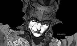  1boy armor black_background chainmail cloak closed_mouth commentary danielaugusttus elden_ring elden_ring:_shadow_of_the_erdtree english_commentary greyscale helm helmet highres lips looking_to_the_side male_focus medium_hair messmer_the_impaler monochrome one_eye_closed portrait sideways_glance simple_background solo twitter_username wavy_hair 