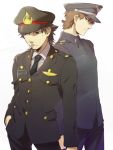  2boys black_hair brown_hair emiya_kiritsugu fate/zero fate_(series) hat kotomine_kirei military military_hat military_uniform multiple_boys ruchi uniform 