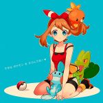  bandana bare_shoulders bike_shorts blue_eyes brown_hair haruka_(pokemon)_(remake) kneeling mudkip nns146 poke_ball pokemon pokemon_(game) pokemon_oras torchic treecko 