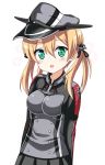  1girl :d black_skirt blonde_hair blush bust green_eyes hat icetiina kantai_collection long_sleeves looking_at_viewer military military_hat military_uniform open_mouth peaked_cap pleated_skirt prinz_eugen_(kantai_collection) simple_background skirt smile solo twintails uniform white_background 