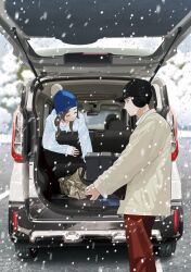 1boy 1girl beanie box brown_hair brown_jacket car car_interior character_request closed_eyes closed_mouth commentary_request copyright_request day hat highres holding holding_box hood hoodie jacket long_hair long_sleeves motor_vehicle official_art outdoors pants pom_pom_(clothes) pom_pom_beanie red_pants sleeves_past_wrists snowing standing white_hoodie winter winter_clothes yanuimori 