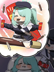  2girls :> absurdres asymmetrical_bangs belt black_belt black_hat black_shirt black_sweater blue_archive blue_eyes blue_hair blue_halo blush chroong closed_eyes closed_mouth cropped_shirt dreaming drooling eating food food_in_mouth full_body hair_ornament hair_over_one_eye hairclip halo hat highres hiyori_(blue_archive) holding holding_food holding_pocky jacket long_hair multiple_girls newsboy_cap off_shoulder outstretched_arms oversized_food oversized_object pocky pocky_in_mouth riding saori_(blue_archive) scarf shirt side_ponytail skirt sleeping sleeveless sleeveless_shirt smile speech_bubble spread_arms sweater thought_bubble white_jacket white_scarf white_skirt 