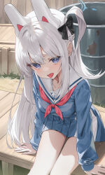 1girl absurdres animal_ears black_bow blue_archive blue_eyes blue_shirt blue_skirt blue_sleeves blush bunny_ears drooling fake_animal_ears grass half_up_braid half_updo halo head_tilt highres kerno leaning_forward long_hair long_sleeves looking_at_viewer miyako_(blue_archive) red_bow school_uniform seifuku side_ponytail sitting solo tongue tongue_out white_collar white_hair