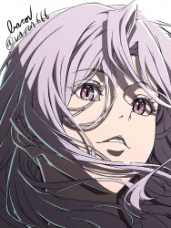  1girl baron_(varon666) close-up fuuto_tantei highres kamen_rider kamen_rider_w long_hair parted_lips purple_hair simple_background smile solo tokime_(fuuto_tantei) violet_eyes white_background 