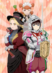  3girls black_cape black_hat blonde_hair blue_eyes brown_hair cape carrot closed_mouth commentary_request dial dress eye_mask finger_to_mouth folded_fan folding_fan frown gloves gold_hair_tie grey_gloves hair_ornament hair_tie hairclip hand_fan hat helmet highres holding holding_carrot holding_fan holding_mask holding_sword holding_weapon kaitou_sentai_lupinranger_vs._keisatsu_sentai_patranger knight lipstick looking_at_viewer maid maid_headdress makeup mask multiple_girls one_eye_closed original outer_glow pants personification pink_lips quad_tails red_dress red_eyes red_mask red_pants serious shield smile sparkle super_sentai sword ueyama_michirou unworn_mask visor_(armor) weapon yellow_eyes 