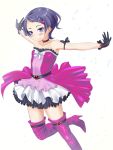  1girl bare_shoulders belt black_hair blush boots choker dokidoki!_precure gloves hair_ornament heart_hair_ornament highres kenzaki_makoto outstretched_arms precure shirota_mizuki skirt smile solo spread_arms standing_on_one_leg thigh-highs thigh_boots violet_eyes zettai_ryouiki 