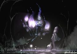  1girl black_dress black_hair blunt_bangs bo_(bouillustration) candle chandelier chandelure coat dress fire gwynn_(pokemon) hat highres litwick long_sleeves mega_chandelure mega_pokemon mega_stone open_clothes outdoors pantyhose pokemon pokemon_(creature) pokemon_legends:_z-a purple_fire purple_hair short_hair violet_eyes white_coat yellow_eyes 