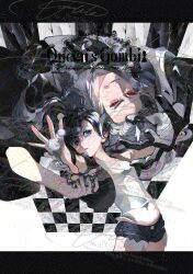  1boy 1girl absurdres adversarial_noise arm_above_head arms_up black_cloak black_gloves black_vest blonde_hair blue_eyes chess_piece chessboard cloak cover cover_page denim denim_shorts doujin_cover facing_another facing_up ghetsis_(pokemon) gloves hand_in_another's_hair heads_together high_ponytail highres hilda_(pokemon) letterboxed looking_to_the_side lying midair on_back open_clothes open_vest outstretched_arm pawn_(chess) pillar pokemon pokemon_bw ponytail red_eyes scouter shirt shorts torn_clothes torn_shorts turning_head uenoike_(194753) vest watermark white_background white_shirt 