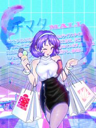  1girl absurdres alternate_costume bag black_skirt blue_leggings blush bracelet breasts check_commentary chromatic_aberration commentary_request earrings film_grain fish food grid_background hairband high-waist_skirt highres holding ice_cream ice_cream_cone jewelry leaf_print leggings looking_at_viewer medium_breasts multicolored_hairband neapolitan_ice_cream one_eye_closed open_mouth paper_bag partial_commentary purple_hair shirt shopping_bag shopping_cart short_hair signature skirt sleepymoon sleeveless sleeveless_shirt smile solo standing tenkyuu_chimata text_background touhou upper_body vaporwave zipper zipper_pull_tab zipper_skirt 