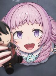 1girl :d absurdres bare_shoulders blush character_doll commander_(girls'_frontline) doll dress excited from_above full_body girls'_frontline_2:_exilium girls_frontline hand_up happy helena_(girls'_frontline_2) highres long_hair looking_at_viewer looking_up pink_hair smile solo teeth upper_teeth_only very_long_hair violet_eyes white_dress yuuji1189 