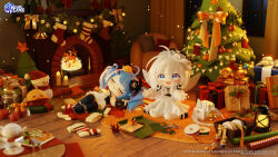  2girls :d ahoge apple armchair azur_lane bag bare_shoulders bell blue_eyes blue_hair blush boots bottle bow candle carrot chair christmas christmas_lights christmas_ornaments christmas_present christmas_stocking christmas_tree christmas_wreath company_name confetti cookie copyright_logo copyright_notice cork cup curtains cushion dress easy_chair elbow_gloves english_commentary fingerless_gloves fire fireplace food fork fruit garland_(decoration) gift gloves hair_ornament hairclip hand_on_own_stomach handbag happy hat highres holly indoors jar lantern lena_(azur_lane) little_illustrious_(azur_lane) logo looking_at_viewer manjuu_(azur_lane) marshmallow800 mary_janes multiple_girls official_art on_cushion open_mouth origami pantyhose paper_crane parallel_hairclips pinecone red_bow ribbon rug santa_hat scarf scissors second-party_source see-through_clothes see-through_sleeves shoes shoulder_strap sitting sleeping sleeveless sleeveless_dress smile snowman spill string string_of_flags table tea teacup teapot teeth thigh-highs throwing tray upper_teeth_only wariza white_bow white_dress white_hair white_hat white_pantyhose wooden_floor wooden_table wrapping_paper wreath yellow_bow 