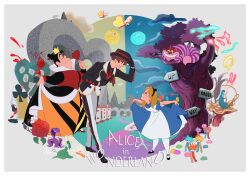  1girl alice_(disney) alice_in_wonderland_(disney) apron blonde_hair blue_dress blue_eyes bow disney dress hairband highres jack_heart long_hair marfie multiple_girls pantyhose ribbon shoes short_sleeves smile tsuntsun_(tuuuuuuntun) white_apron 