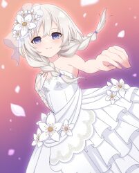  1girl assault_lily bare_shoulders blue_eyes blush breasts bride closed_mouth commentary_request commission cowboy_shot dress dress_flower dutch_angle elbow_gloves floating_hair flower frilled_dress frills gloves gradient_background grey_hair hair_flower hair_ornament hand_on_own_chest hands_up highres jewelry lace-up_gloves long_hair looking_at_viewer low_twintails official_alternate_costume official_alternate_hairstyle orange_background piatin purple_background reaching reaching_towards_viewer ring shiozaki_suzume single_bare_arm single_elbow_glove skeb_commission small_breasts solo standing strapless strapless_dress twintails two-tone_background wedding_dress white_flower white_gloves 