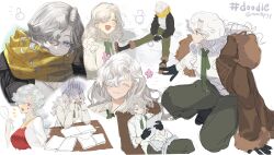  1girl ^_^ apron black_boots black_gloves black_jacket boots closed_eyes curly_hair elbows_on_table gloves green_necktie green_pants hair_over_one_eye hands_on_own_face highres holding holding_paper jacket long_hair mmihpyy multiple_views necktie on_one_knee one_eye_covered pants paper reading red_apron reverse:1999 scarf shirt sitting sketch smile violet_eyes white_background white_shirt windsong_(reverse:1999) yellow_scarf 