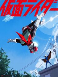 2boys armor boots dokugander full_body gloves green_armor green_helmet hashtag-only_commentary helmet highres kamen_rider kamen_rider_(1st_series) kamen_rider_1 midair multiple_boys outdoors penpenhuihui red_eyes red_scarf scarf solo_focus sunlight typhoon_(kamen_rider) upside-down white_boots white_gloves