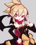  1girl arm_warmers blonde_hair bow bright_pupils disgaea dress earrings grey_background jewelry kazamine_(stecca) makai_senki_disgaea_2 open_mouth pointy_ears red_eyes ribbon ring rozalin short_hair solo strapless_dress wings 