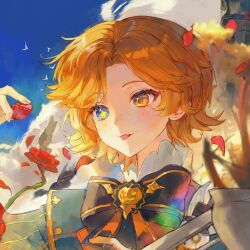  1boy :p absurdres bird black_bow black_bowtie blue_eyes blue_sky bow bowtie clouds falling_petals fang flower food freckles fruit gold_trim hair_intakes heterochromia high_collar highres identity_v looking_ahead male_focus medium_hair mike_morton mike_morton_(tea_party) official_alternate_costume orange_eyes petals portrait pumpkin_ornament red_flower red_petals red_rose rose seagull sky solo star-shaped_pupils star_(symbol) stitched_mouth stitches strawberry symbol-shaped_pupils tongue tongue_out xiaomianduoshao yellow_pupils 