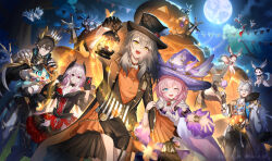  2boys 3girls ;o animal_ears black_coat black_dress black_hair black_shorts blue_eyes breasts bubbles_(honkai:_star_rail) coat commentary cyrene_(aedes_elysiae)_(honkai:_star_rail) cyrene_(honkai:_star_rail) dan_heng_(honkai:_star_rail) dan_heng_(rice_dumpling)_(honkai:_star_rail) dress eastern_dragon_horns english_commentary evernight_(honkai:_star_rail) full_moon grabbing_another's_arm grey_hair halloween halloween_costume hat highres holding holding_lantern holding_phone honkai:_star_rail honkai_(series) lantern long_hair lucio_(luci0_52) march_7th_(honkai:_star_rail) medium_hair mem_(honkai:_star_rail) moon multicolored_hair multiple_boys multiple_girls night night_sky one_eye_closed open_mouth phainon_(honkai:_star_rail) phone pink_hair red_eyes scarecrow short_hair shorts sky stelle_(honkai:_star_rail) thighs trailblazer_(honkai:_star_rail) two-tone_hair very_long_hair werewolf_costume white_dress white_hair witch_hat wolf_ears yellow_eyes 